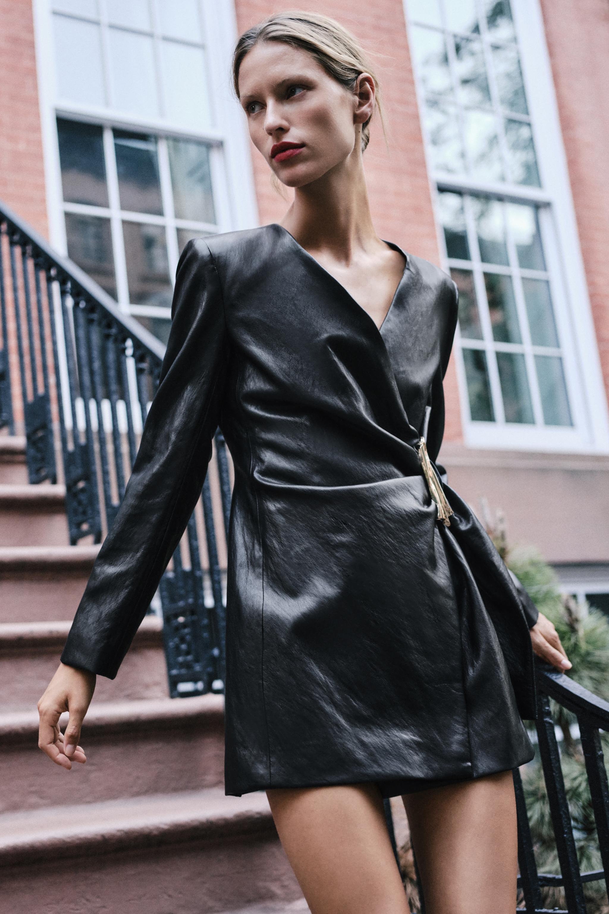 FAUX-LEATHER EFFECT DRESS WITH GOLD APPLIQUÉ